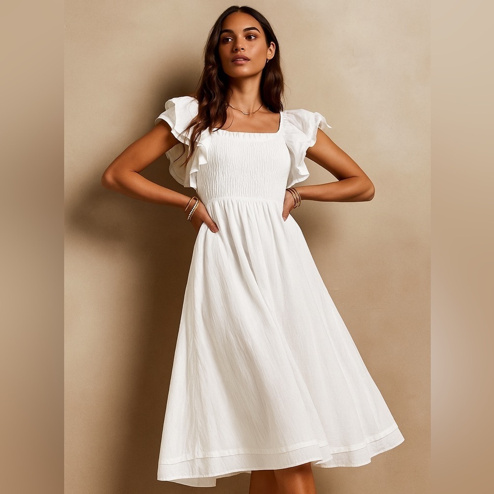 NEW! Banana Republic White Smocked Ruffle Midi Dress - size XL👜